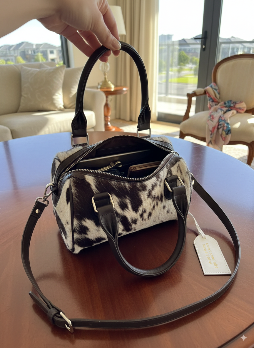 Cow print handbag with a tag on a wooden table, held by a hand.