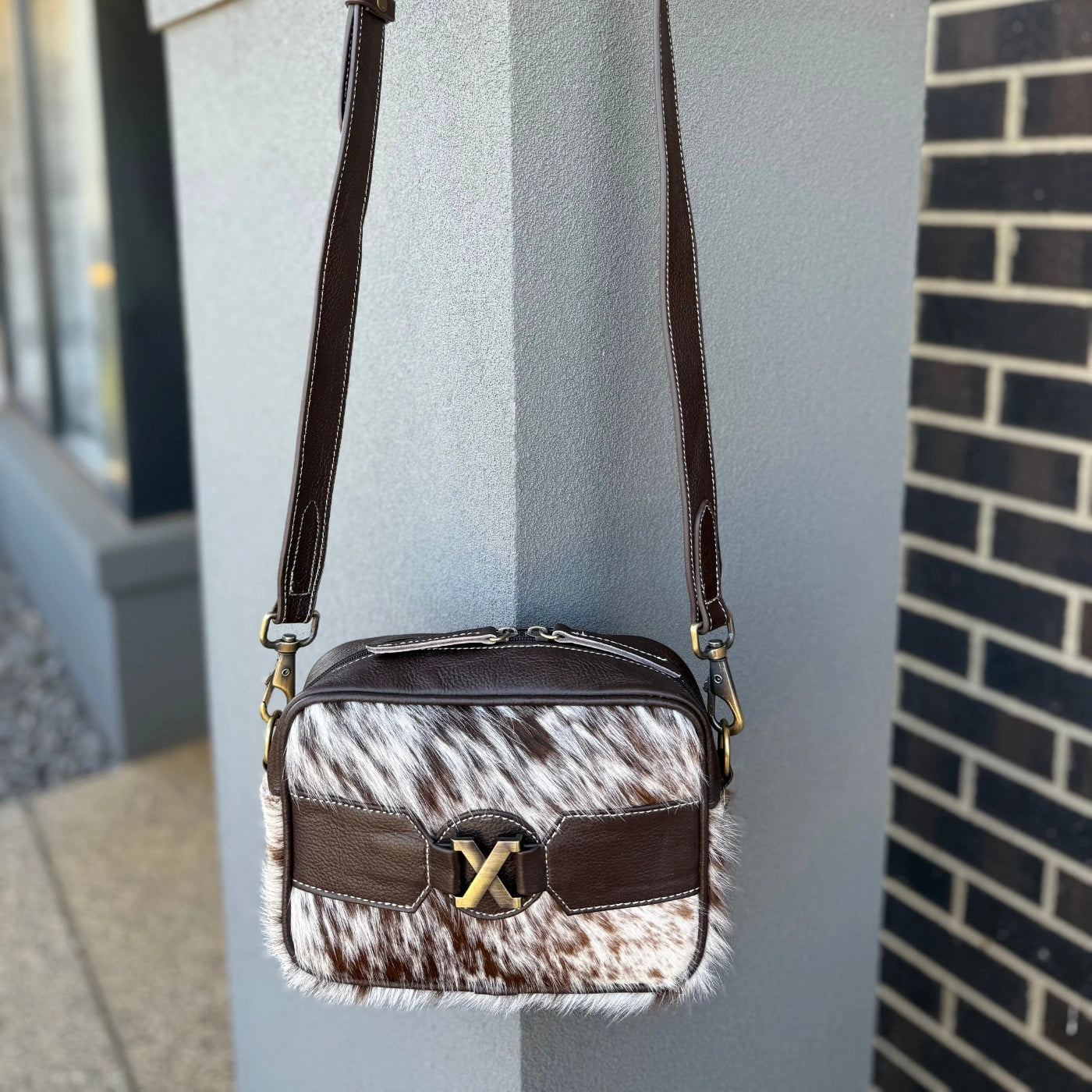 Coach Style Cowhide Cross Body Bag For Women – Brown & White Leather Lovers