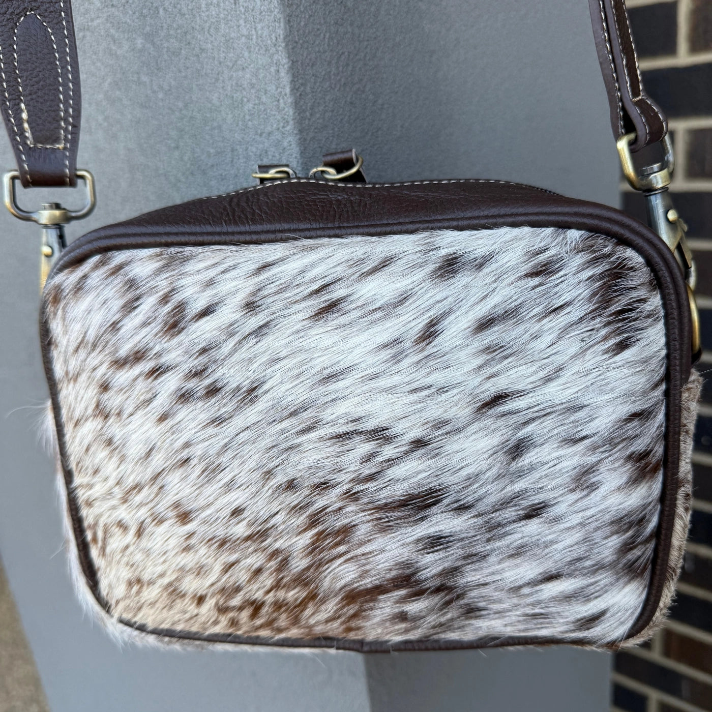 Coach Style Cowhide Cross Body Bag For Women – Brown & White Leather Lovers