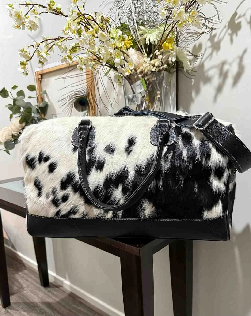 Black and White Cowhide Duffel Bag/Overnight Bag Leather Lovers