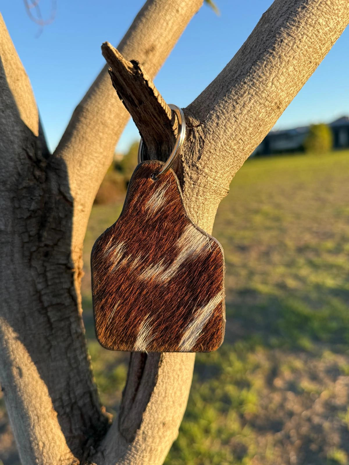 Cattle Tag Cowhide Keyring Brown Leather Lovers