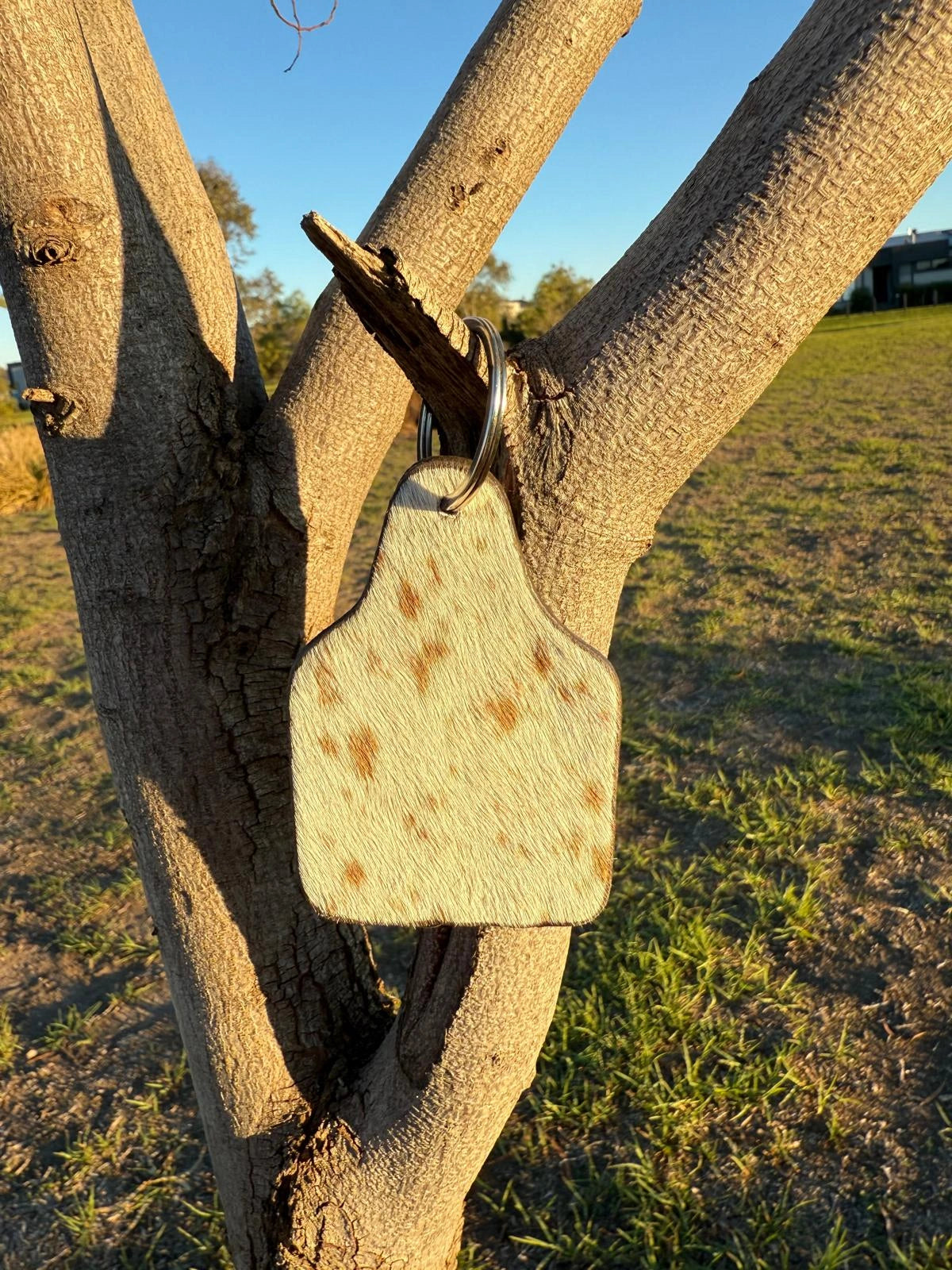 Cattle Tag Cowhide Keyring White & Dotted Brown Leather Lovers