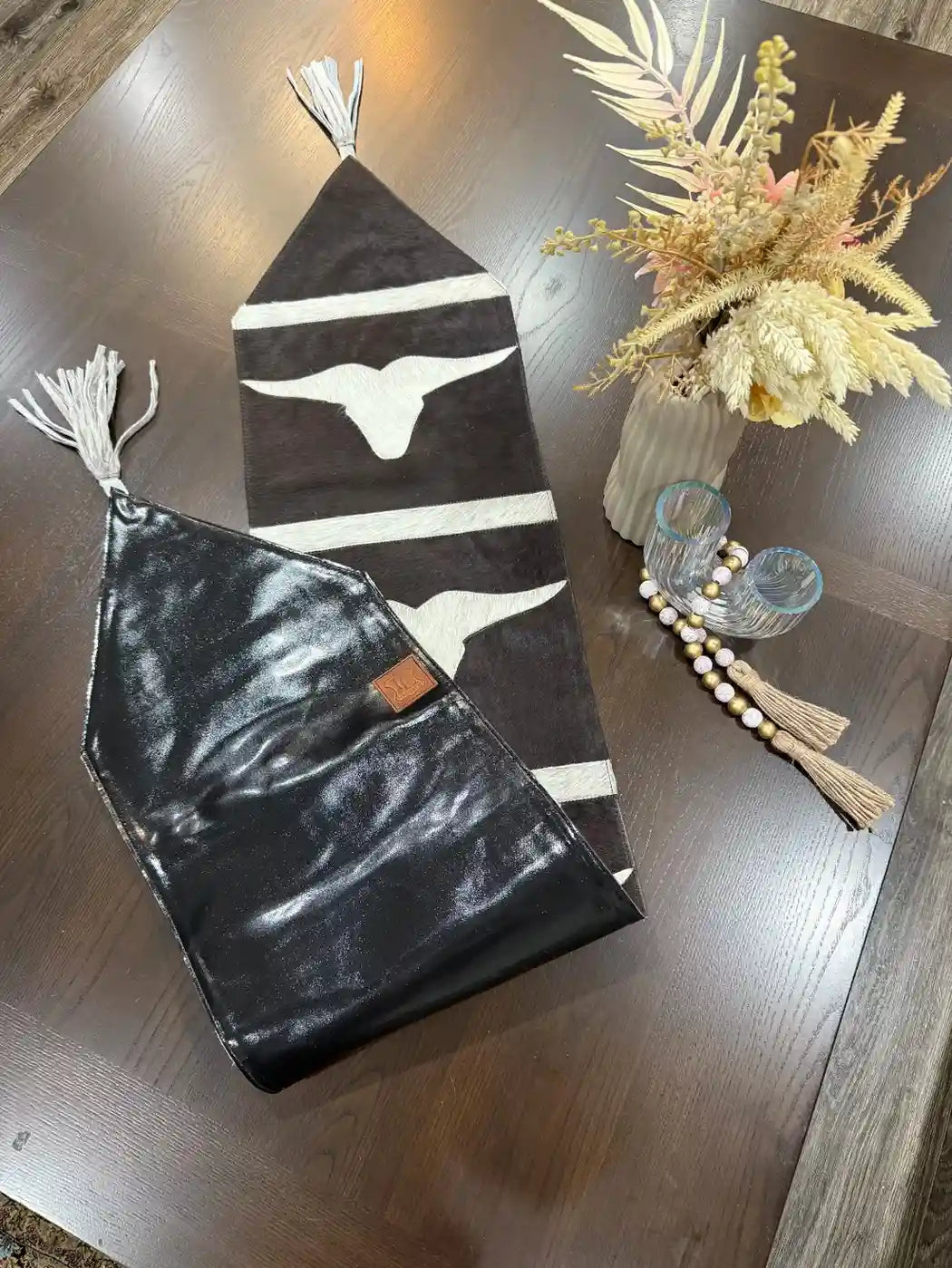 Cowhide Longhorn Table Runner – Handmade Western Decor Leather Lovers