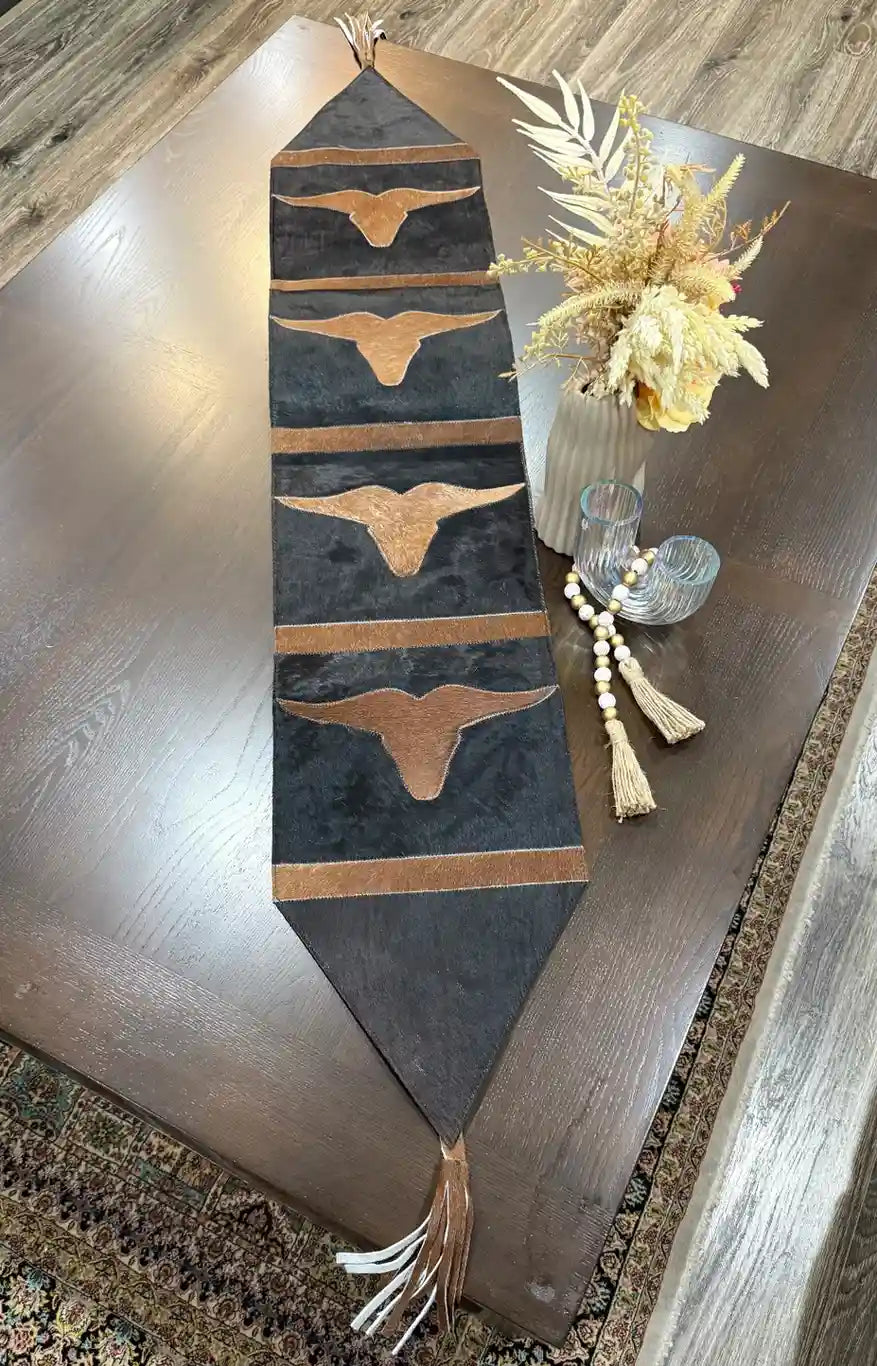 Cowhide Longhorn Table Runner – Handmade Western Decor Leather Lovers