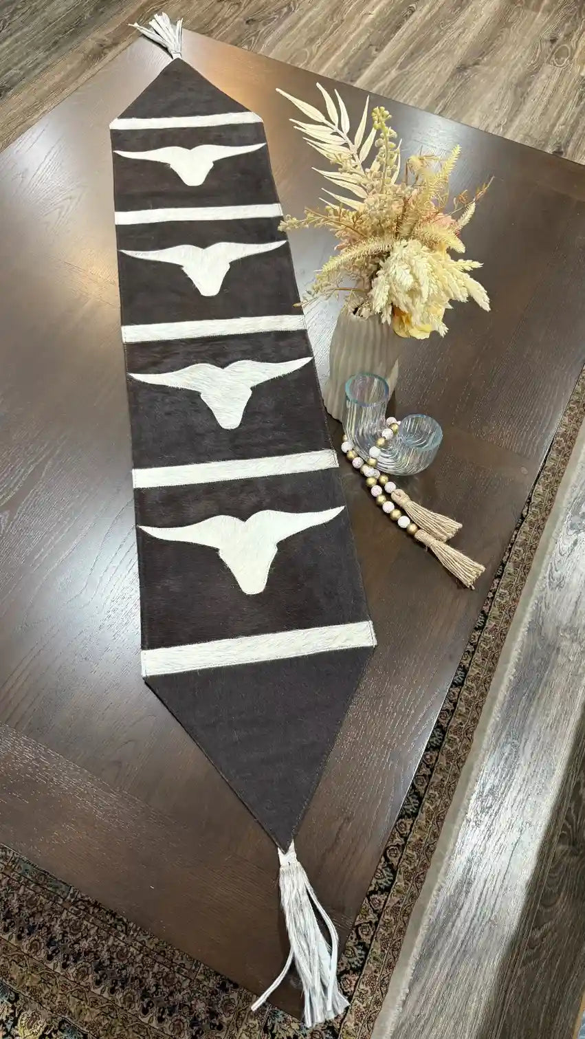 Cowhide Longhorn Table Runner – Handmade Western Decor Leather Lovers