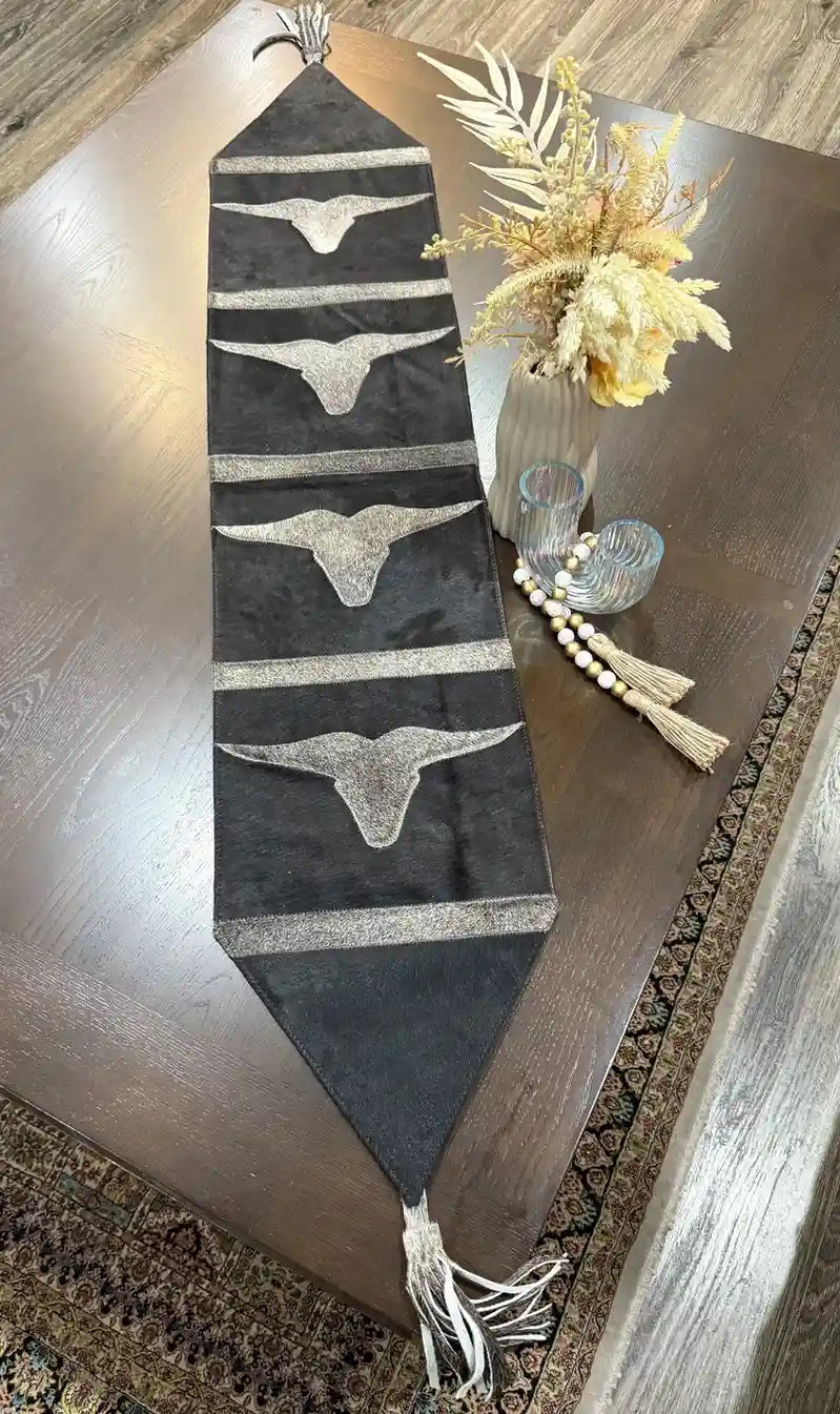 Cowhide Longhorn Table Runner – Handmade Western Decor Leather Lovers