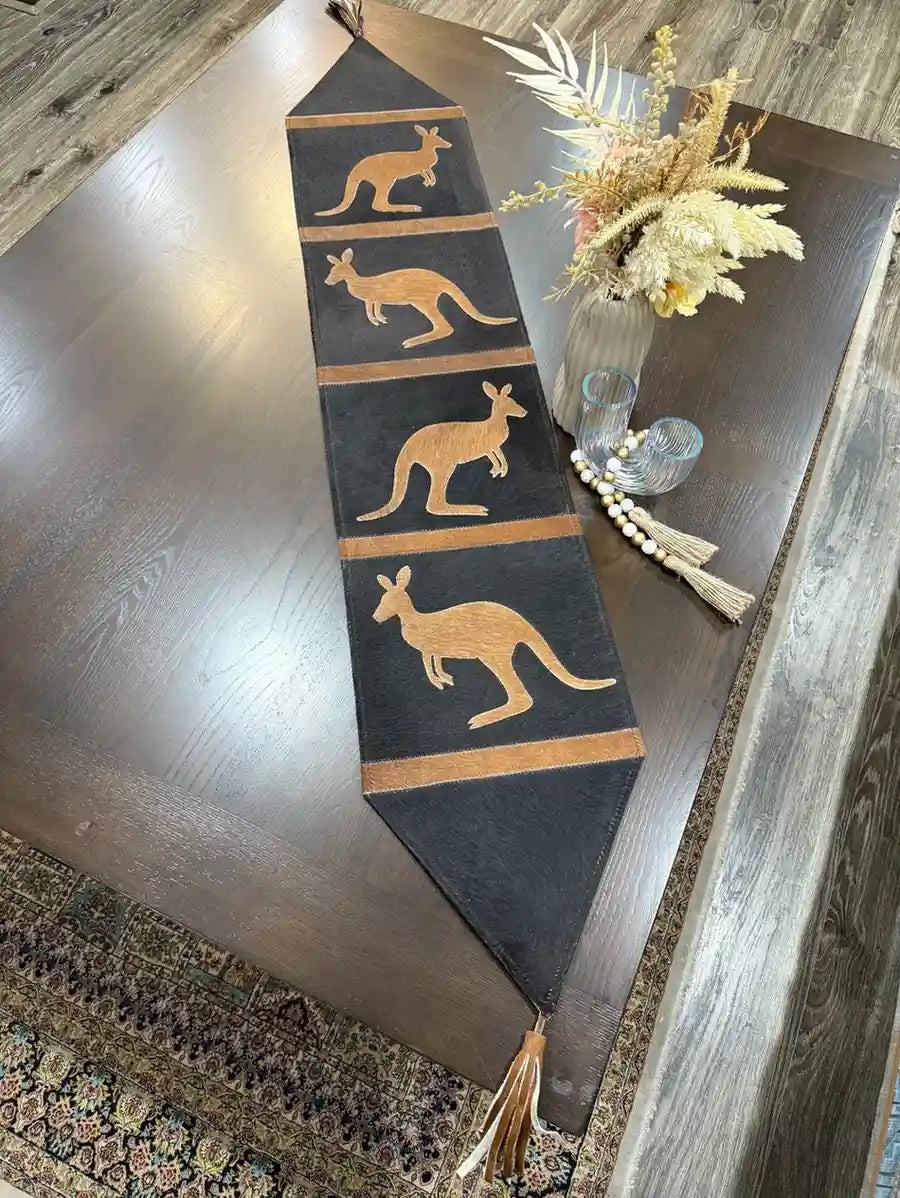 Kangaroo Design Cowhide Table Runner Handmade Aussie Decor Leather Lovers