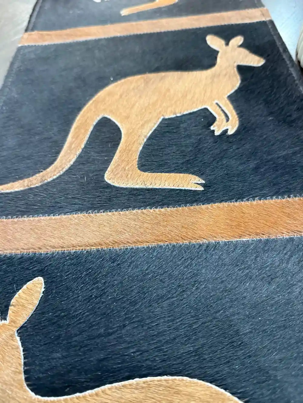Kangaroo Design Cowhide Table Runner Handmade Aussie Decor Leather Lovers