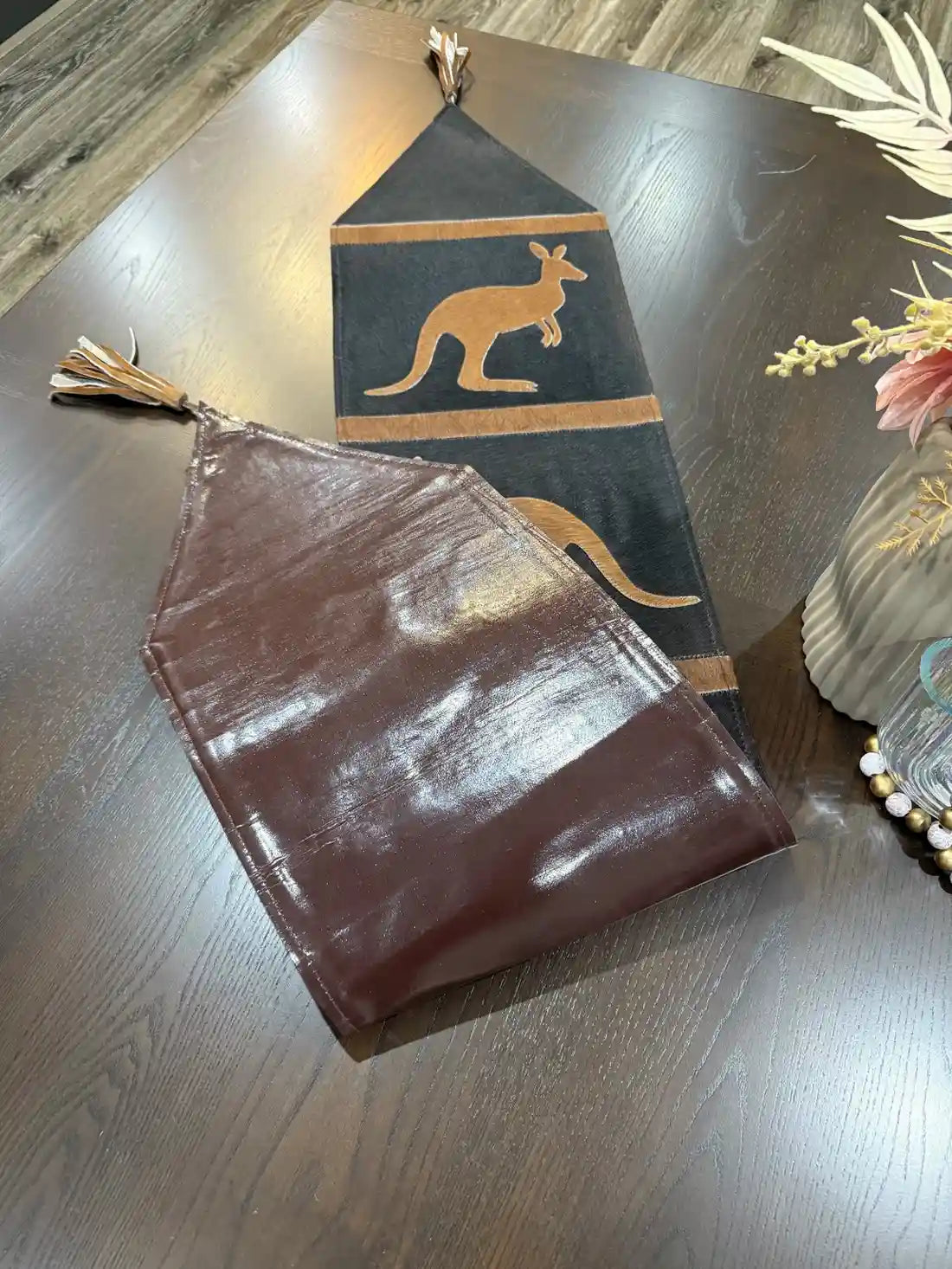 Kangaroo Design Cowhide Table Runner Handmade Aussie Decor Leather Lovers