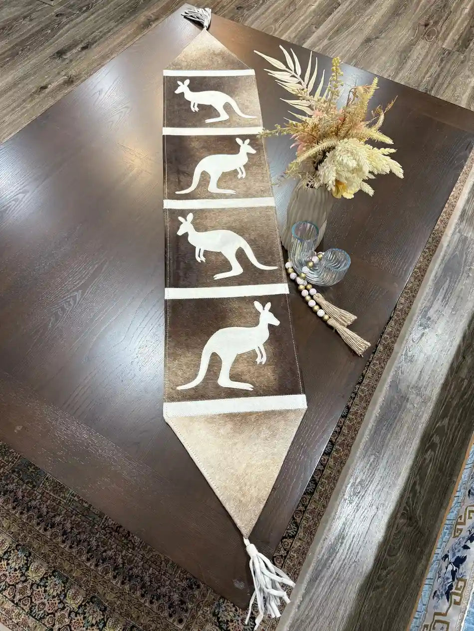 Kangaroo Design Cowhide Table Runner Handmade Aussie Decor Leather Lovers