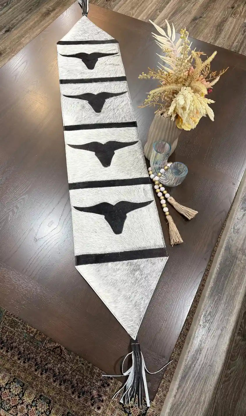 Cowhide Longhorn Table Runner – Handmade Western Decor Leather Lovers