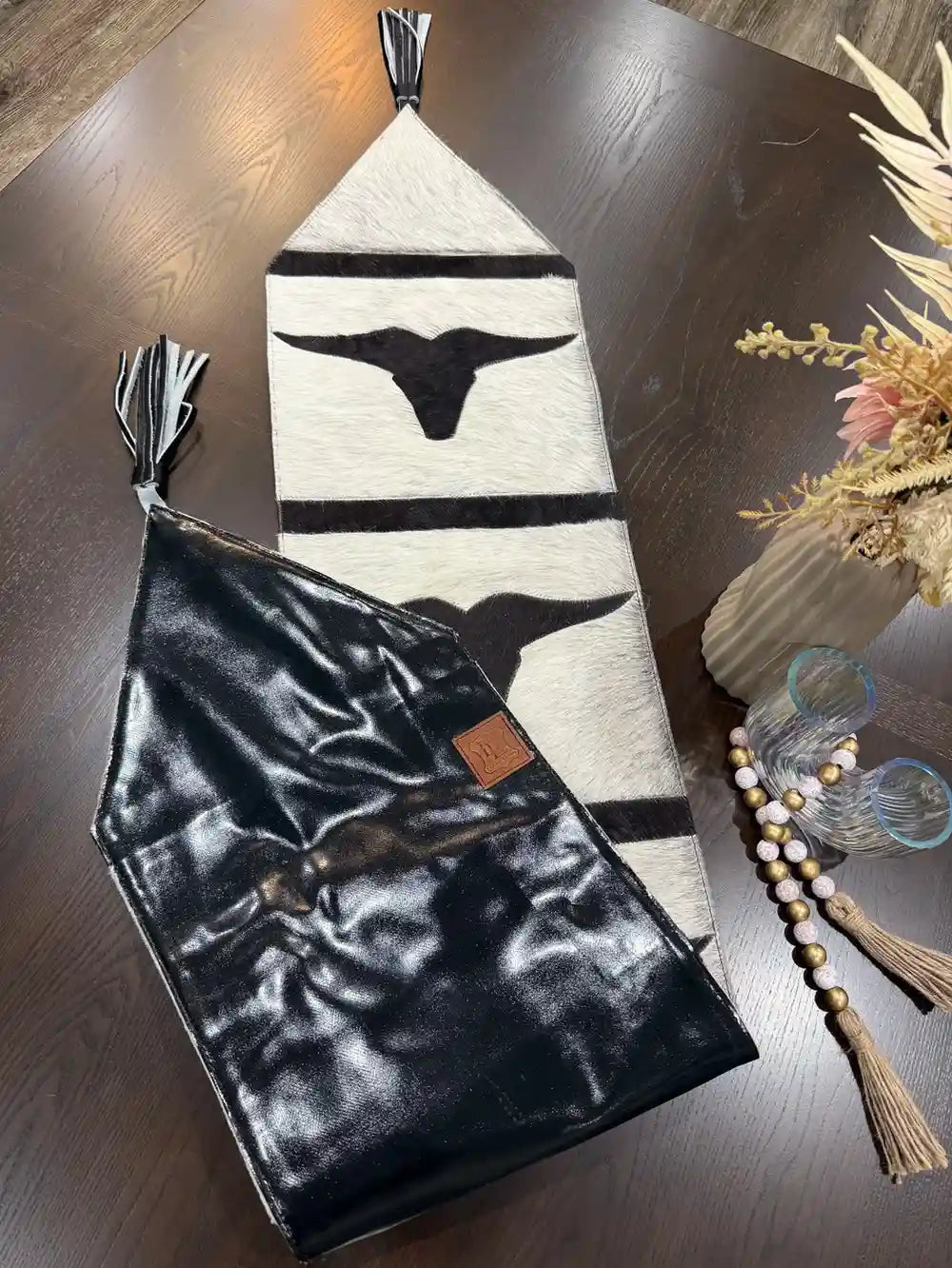 Cowhide Longhorn Table Runner – Handmade Western Decor Leather Lovers