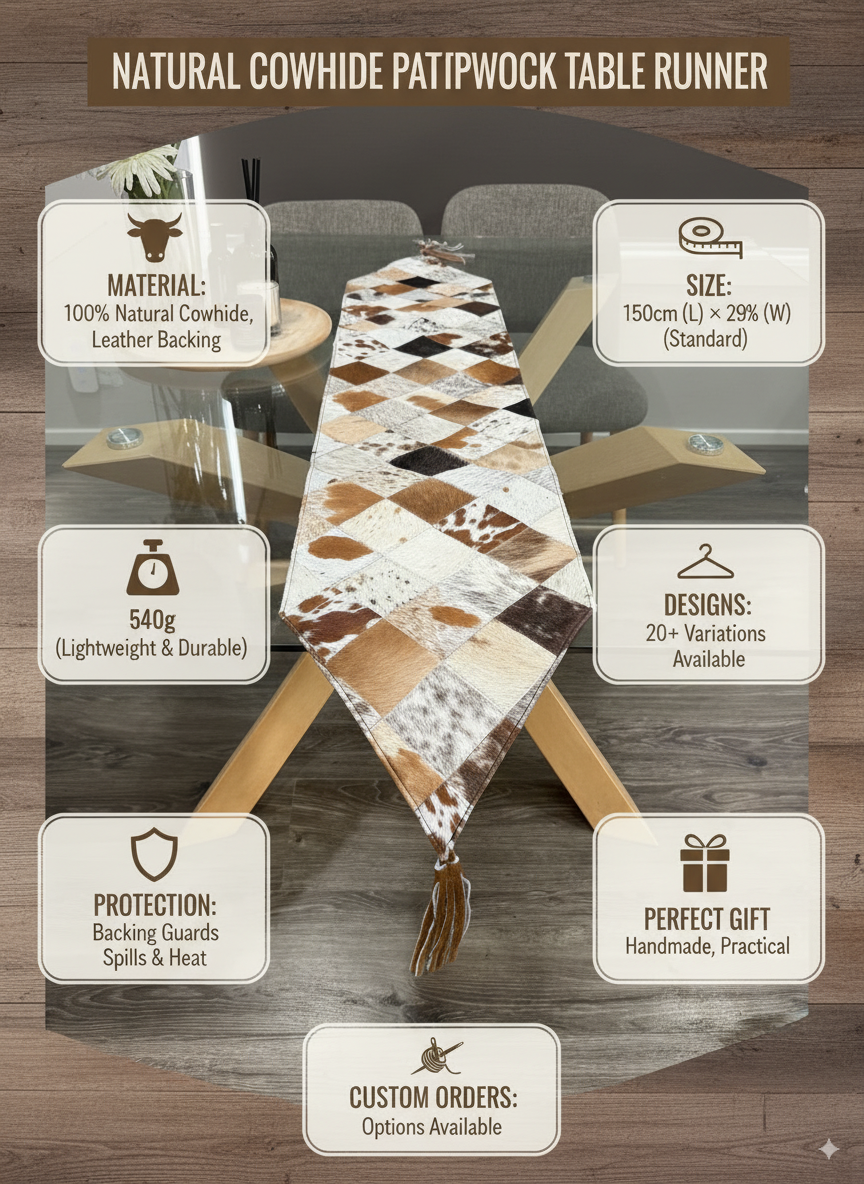 Cowhide patterned table runner with product details on a wooden background