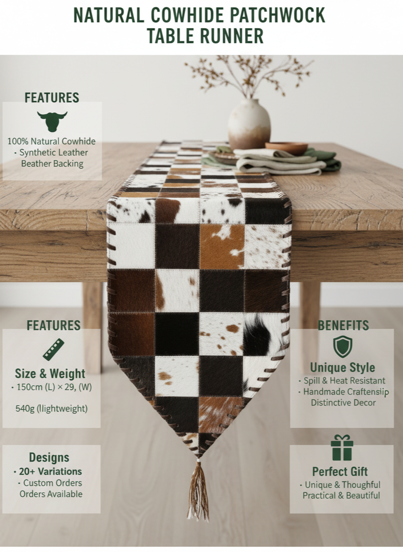 Cowhide patchwork table runner on a wooden table with product features and benefits displayed.