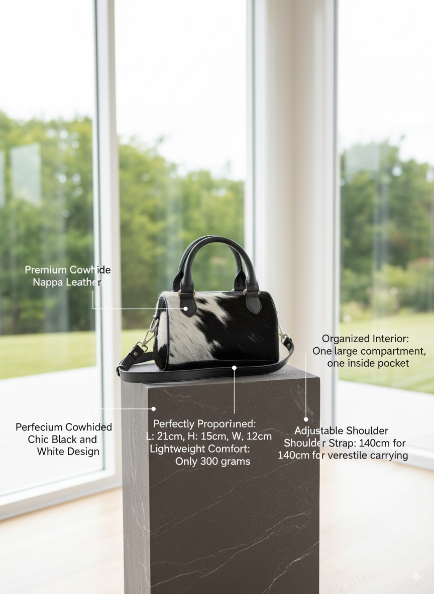 Black and white handbag on a pedestal with product details overlay