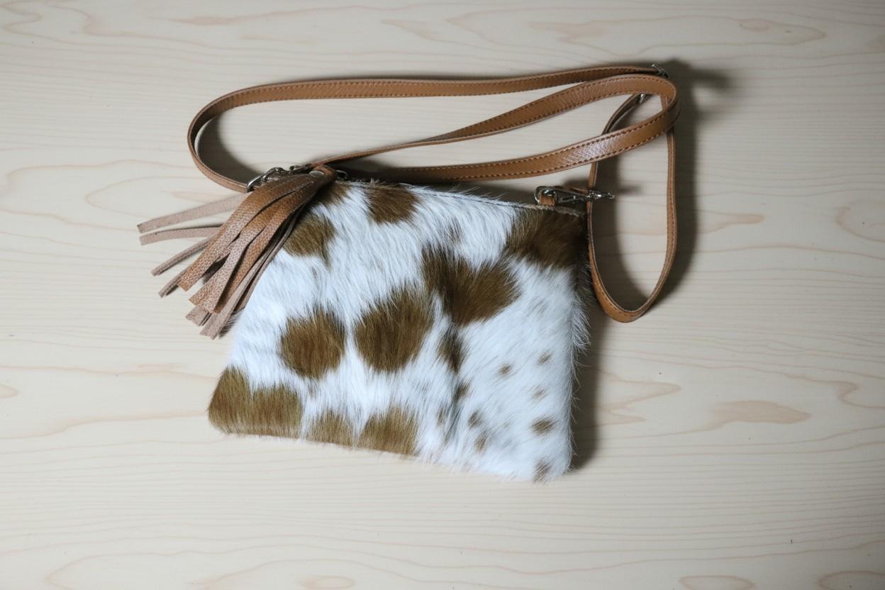 Purse with brown and white cowhide pattern on a light wooden surface