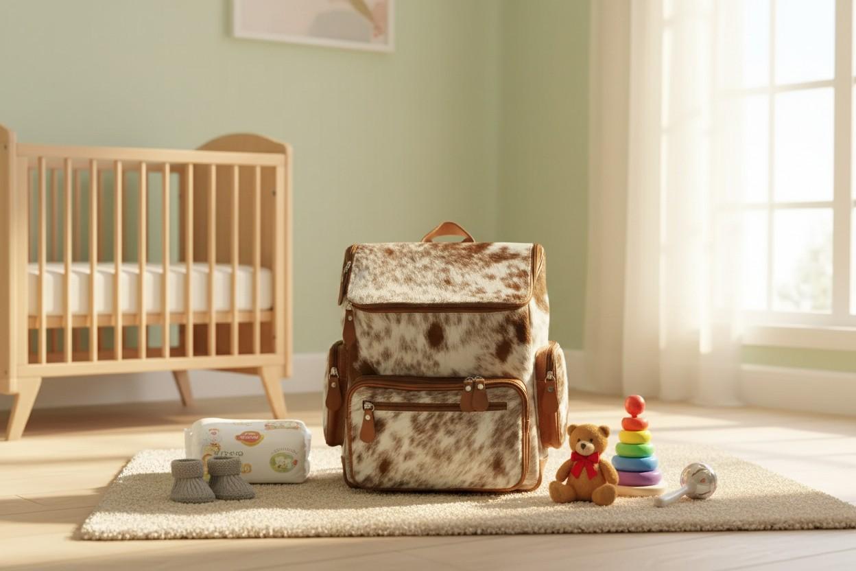 Diaper bag with cow print design in a nursery setting with crib and toys.