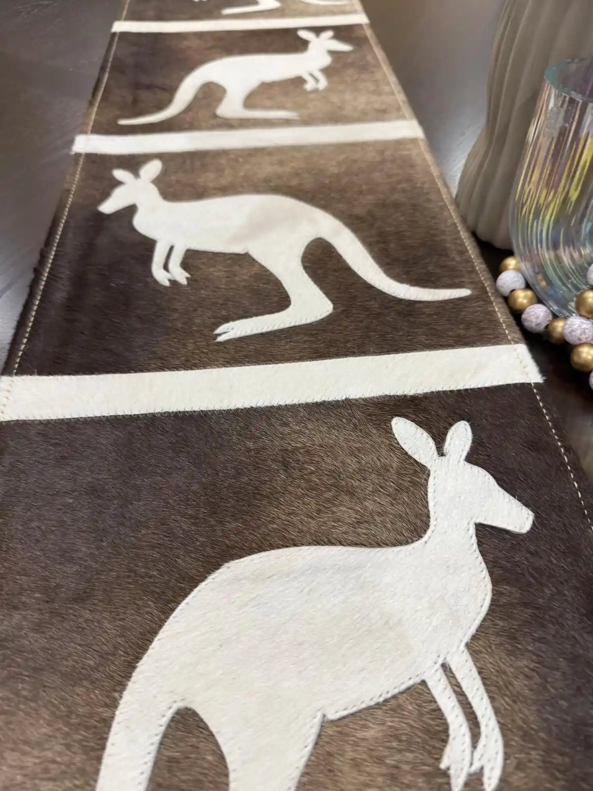 Kangaroo Design Cowhide Table Runner Handmade Aussie Decor Leather Lovers