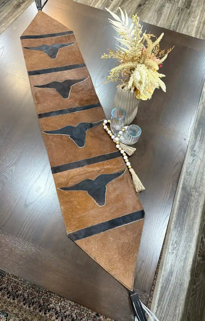 Cowhide Longhorn Table Runner – Handmade Western Decor Leather Lovers