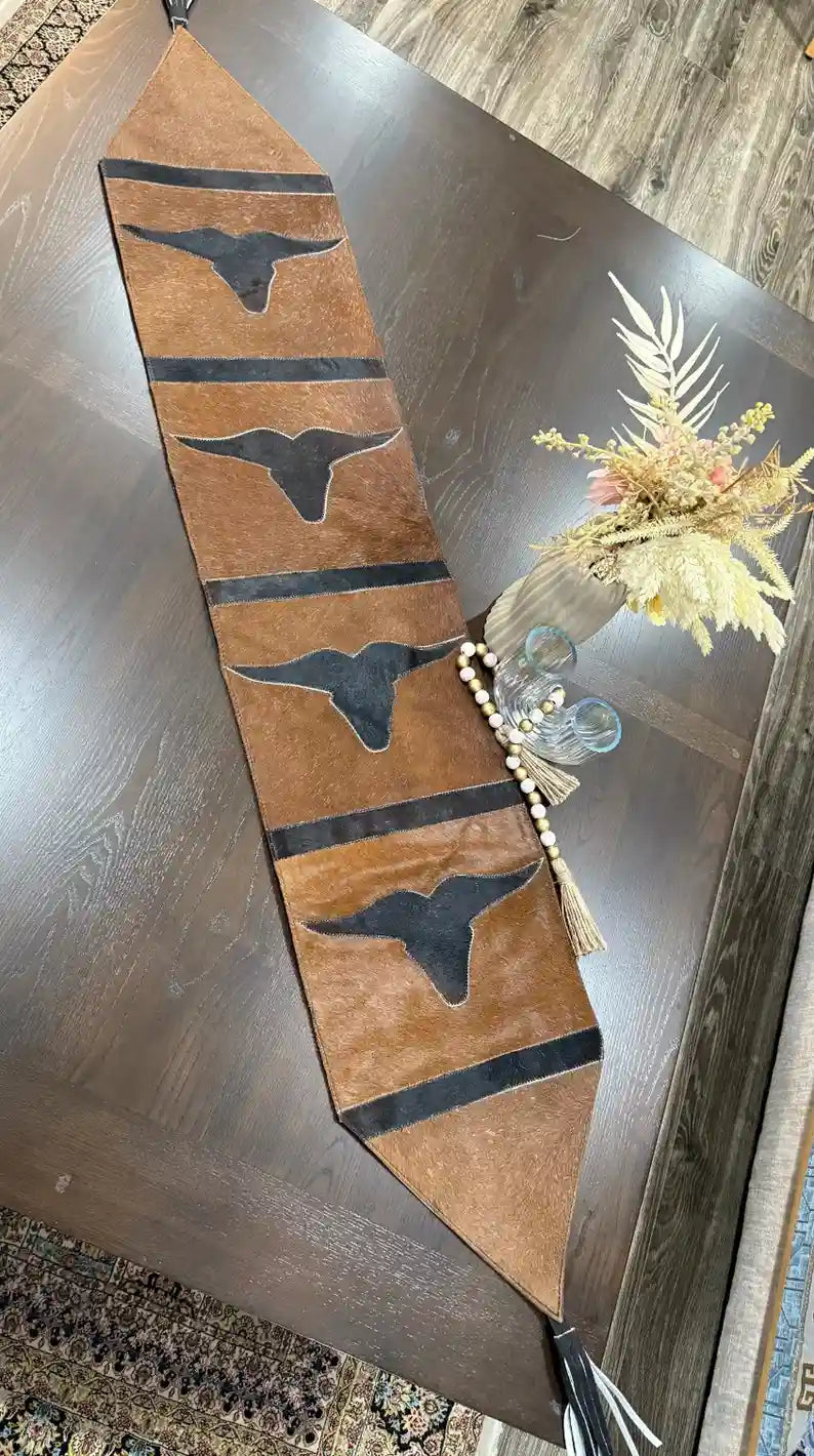 Cowhide Longhorn Table Runner – Handmade Western Decor Leather Lovers