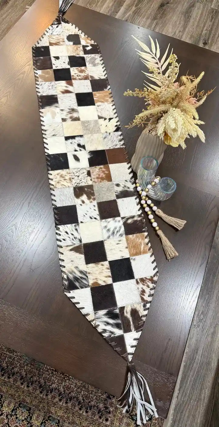 Natural Cowhide Patchwork Table Runner| Home Décor Table Runner Leather Lovers