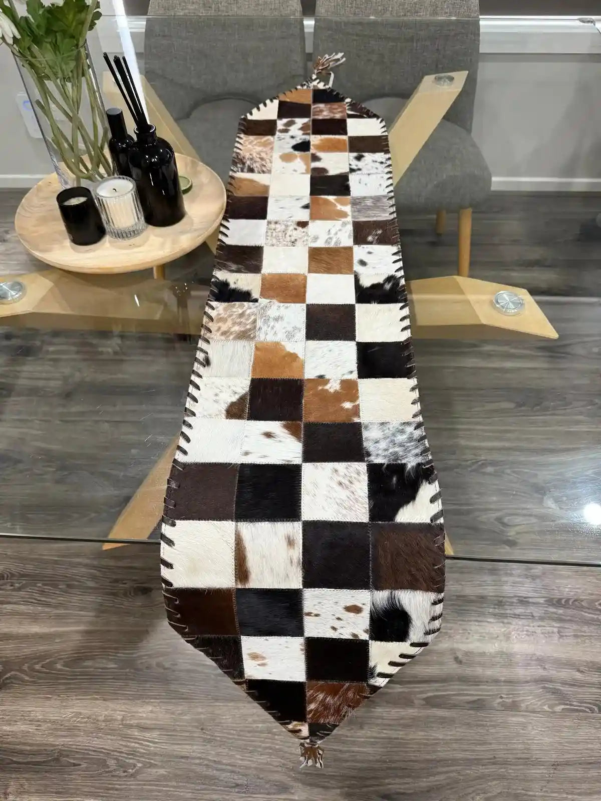 Handmade Cowhide Table Runner – Patchwork Dining Table Decor Leather Lovers