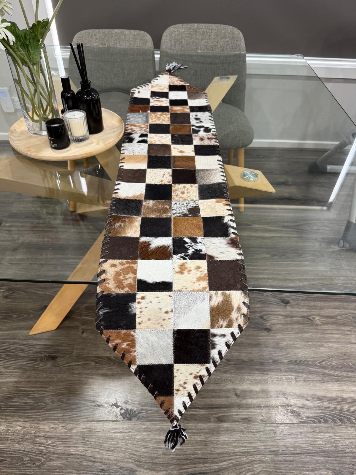 Handmade Cowhide Table Runner – Patchwork Dining Table Decor Leather Lovers