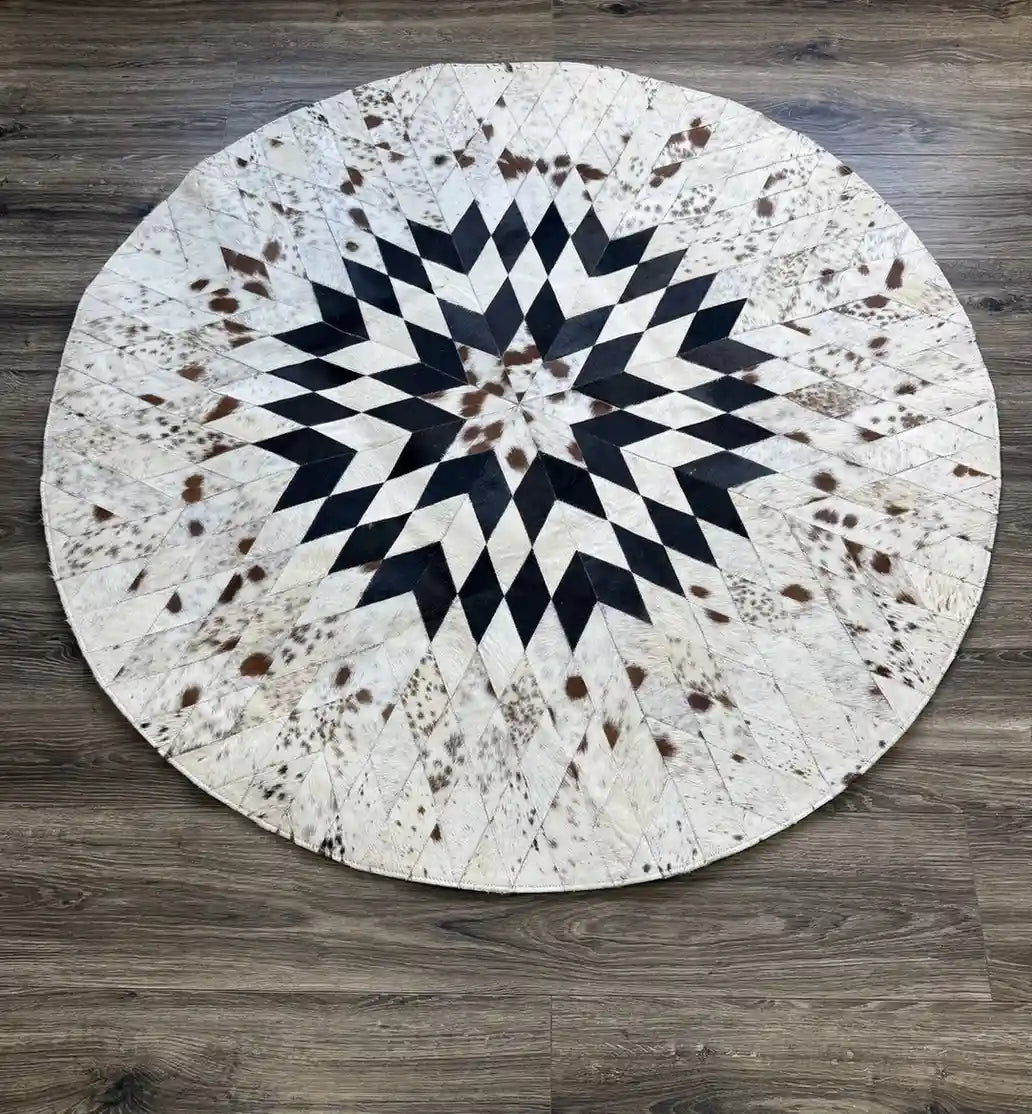 Cowhide Area Rug Patchwork Design Round Fade Resistant