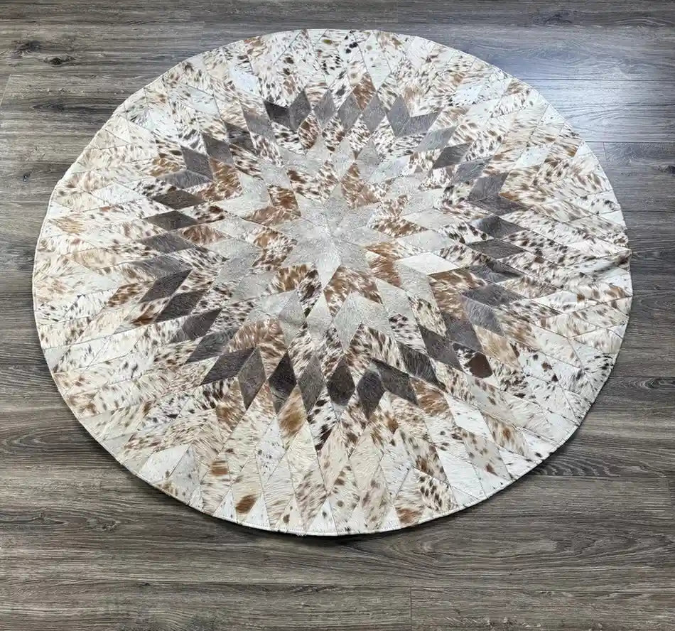 Cowhide Round Area Rug Patchwork Design Handmade