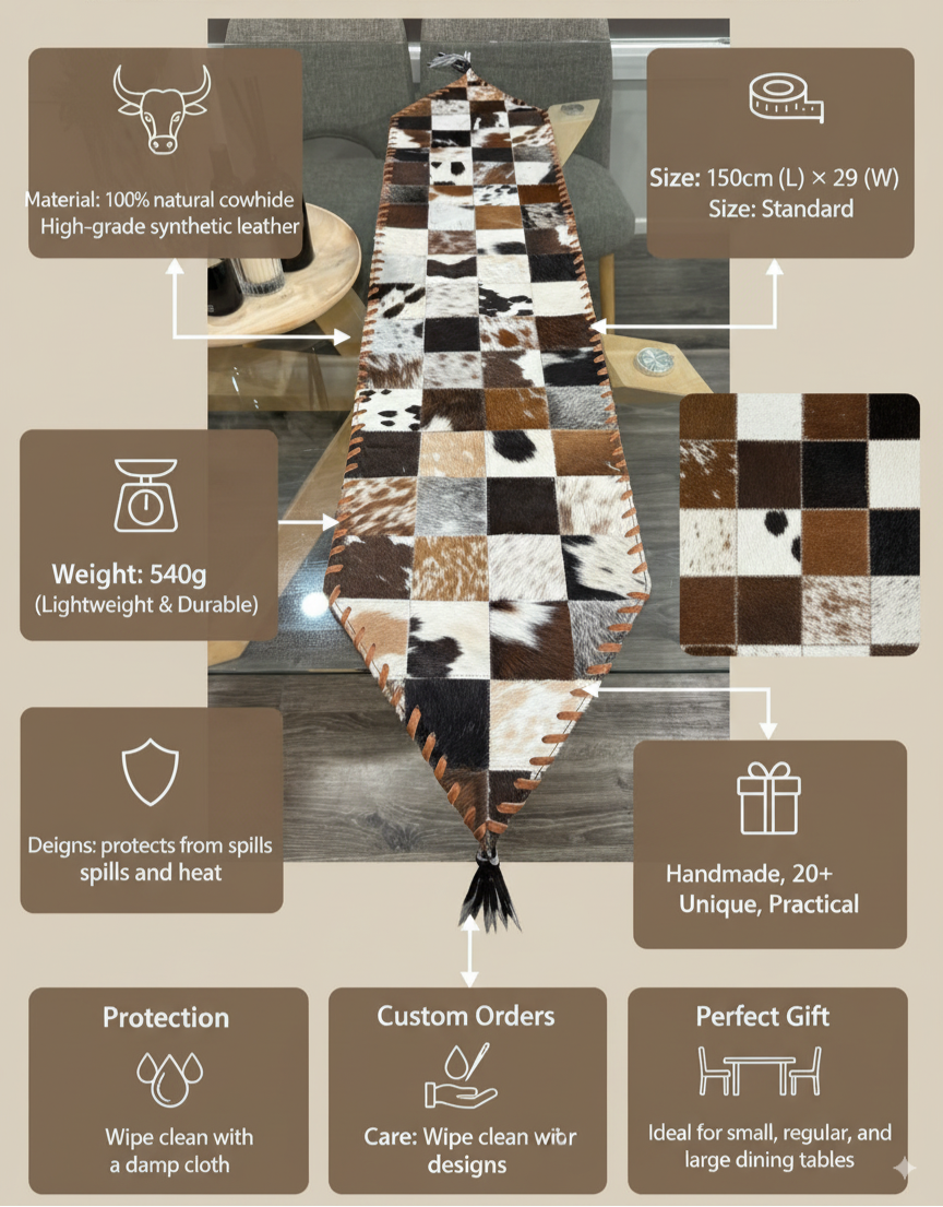Cowhide patchwork table runner with product details on a beige background