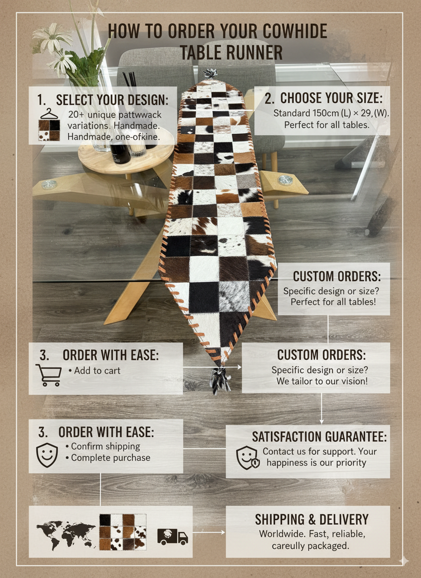 Instructions for ordering a cowhide table runner with a visual of a table set with the product.
