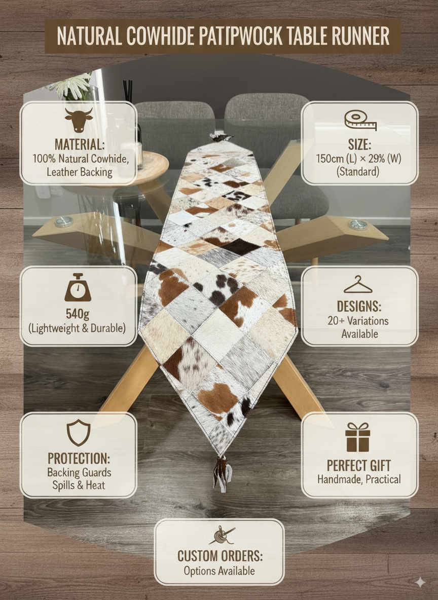 Handmade Cowhide Table Runner – Patchwork Dining Table Decor Leather Lovers
