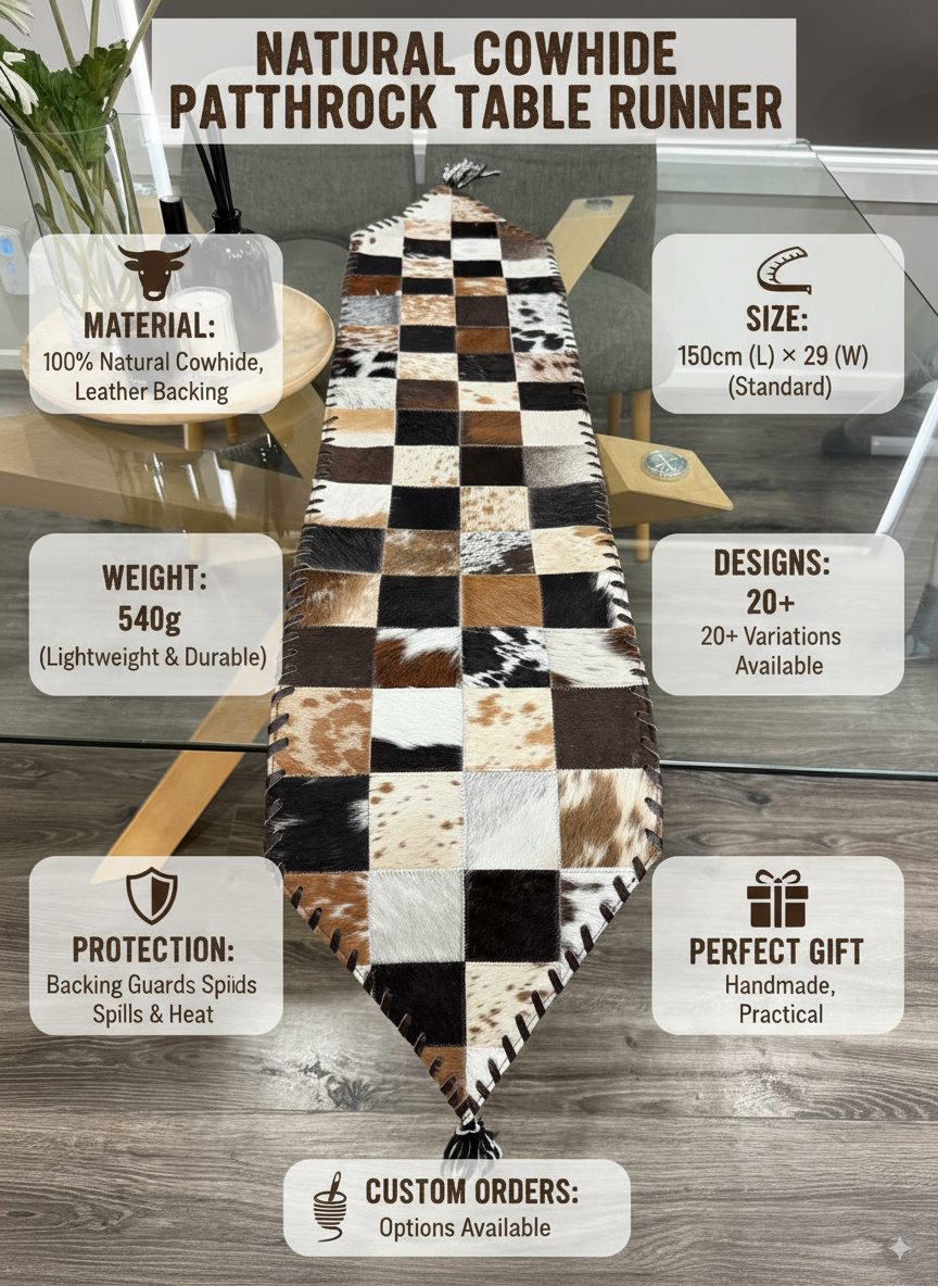 Cowhide pathrock table runner with product details on a wooden surface