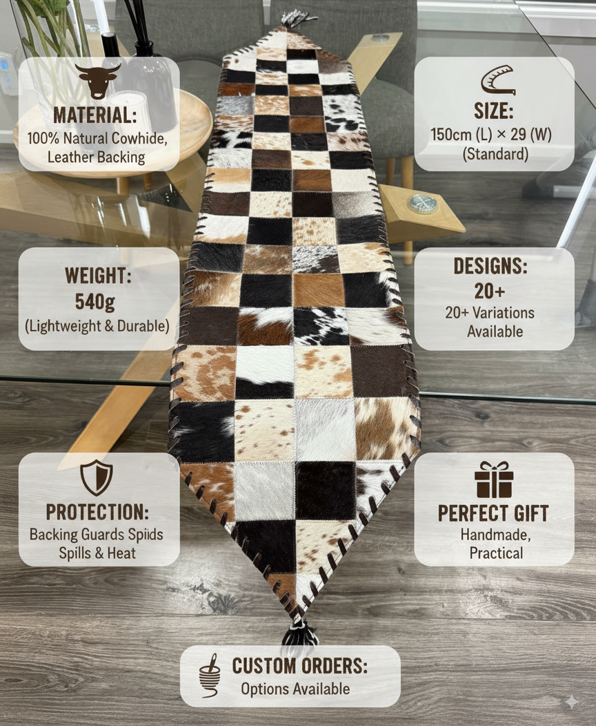 Cowhide pathrock table runner with product details on a wooden surface