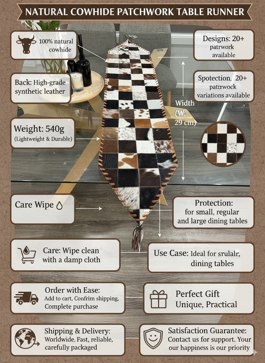 Handmade Cowhide Table Runner – Patchwork Dining Table Decor Leather Lovers