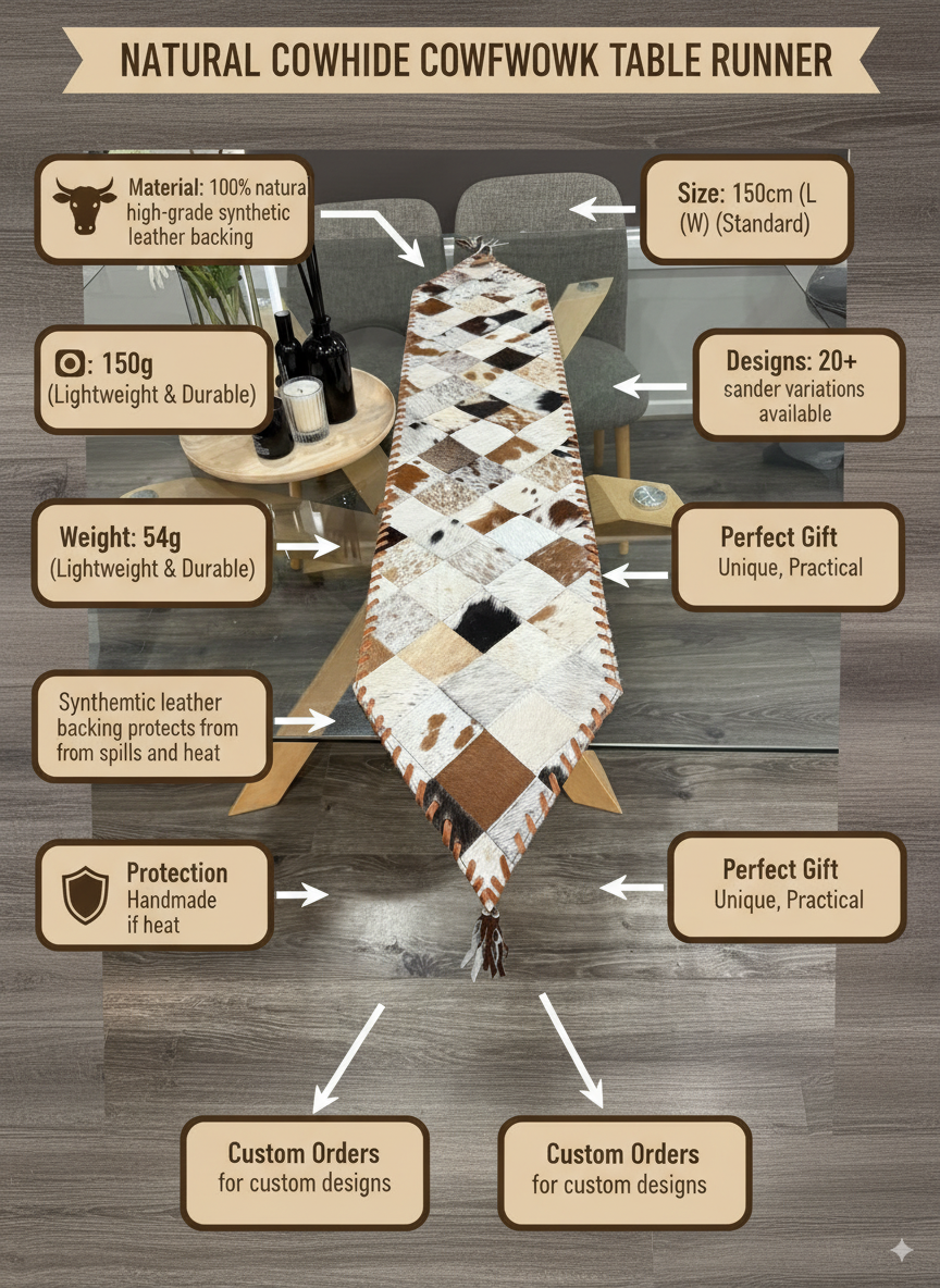 Cowhide table runner with product details on a wooden background