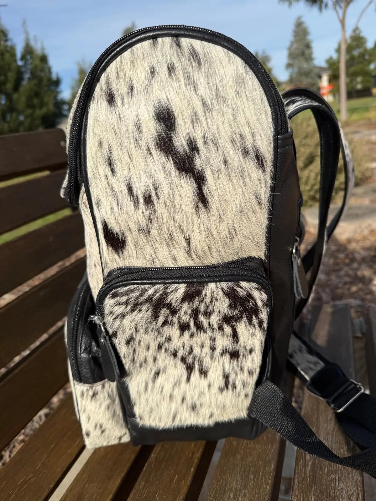 White Cowhide Diaper Backpack – Premium Hide, Spacious & Stylish