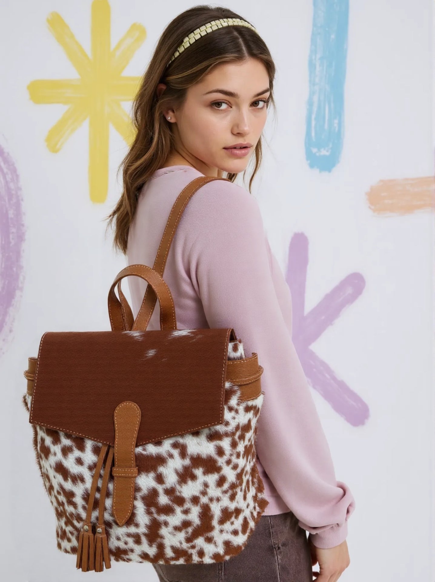 Cowhide Solid Tan Flip LV Backpack TT
