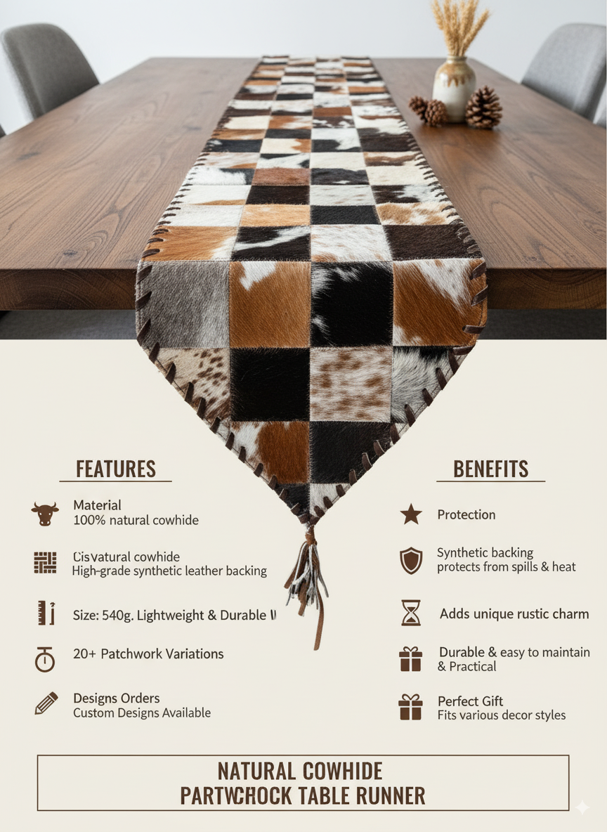 Handmade Cowhide Table Runner – Patchwork Dining Table Decor Leather Lovers