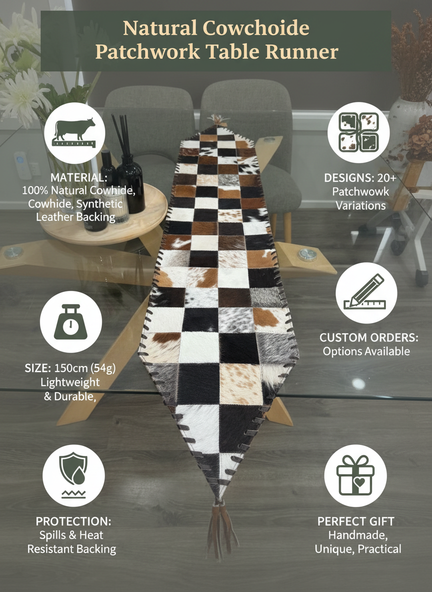 Cowhide patchwork table runner with product details on a dark background
