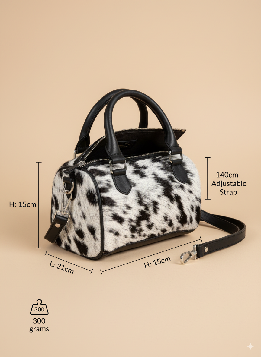 Black and white cow print handbag with measurements on a beige background
