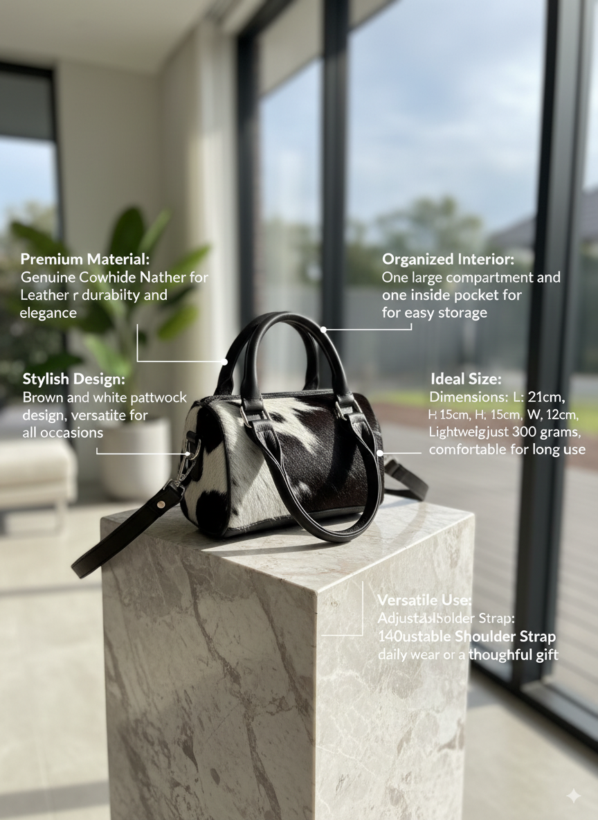 Handbag on a marble pedestal with product features listed