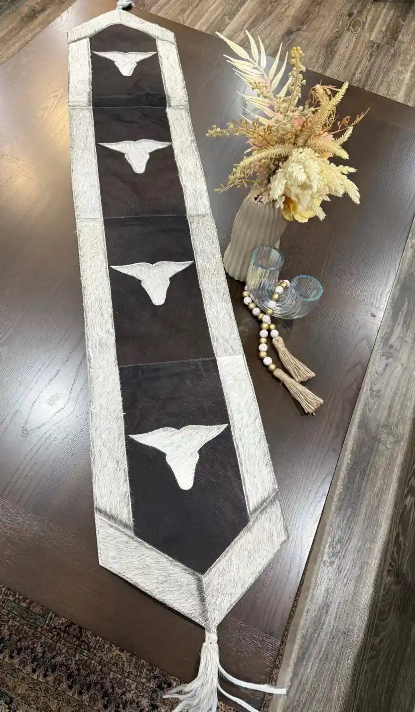 Cowhide Leather table runner with bull head leather patch, having leather fringes