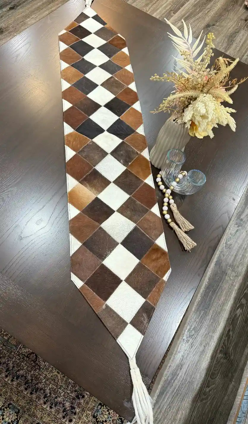 Natural Cowhide Patchwork Table Runner | Handmade Cowhide Table Runner