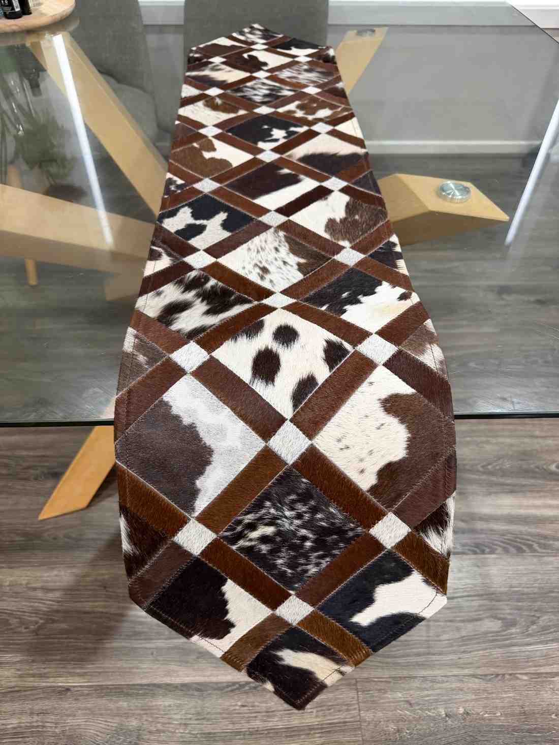 Handmade Cowhide Table Runner – Patchwork Dining Table Decor Western Design Leather Lovers