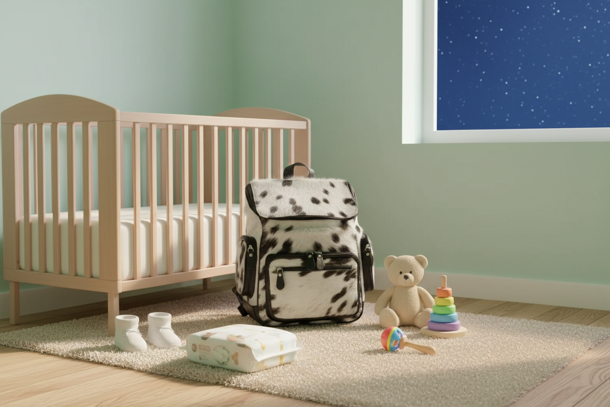 Nursery room with crib, baby bag, toys, and a window showing a starry night.