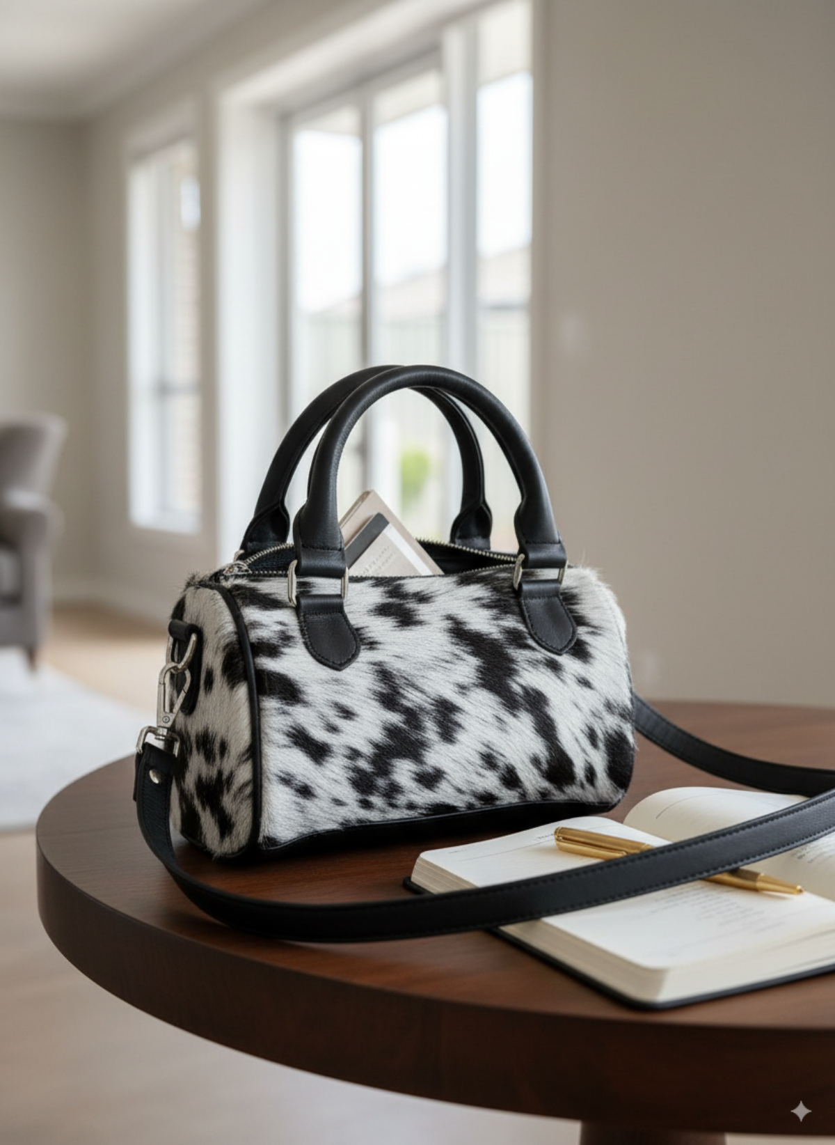 Black and white cow print handbag on a wooden table with a blurred indoor background