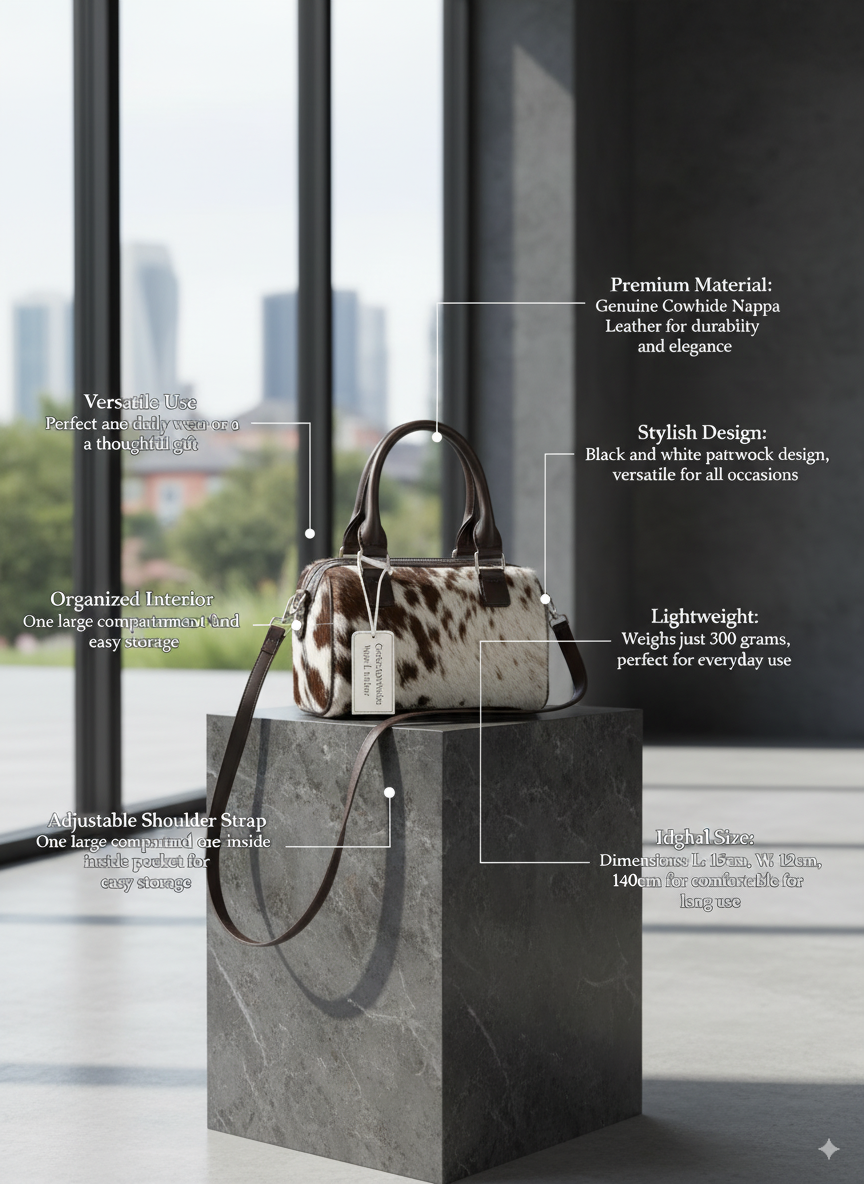 Handbag displayed on a stand with product features highlighted