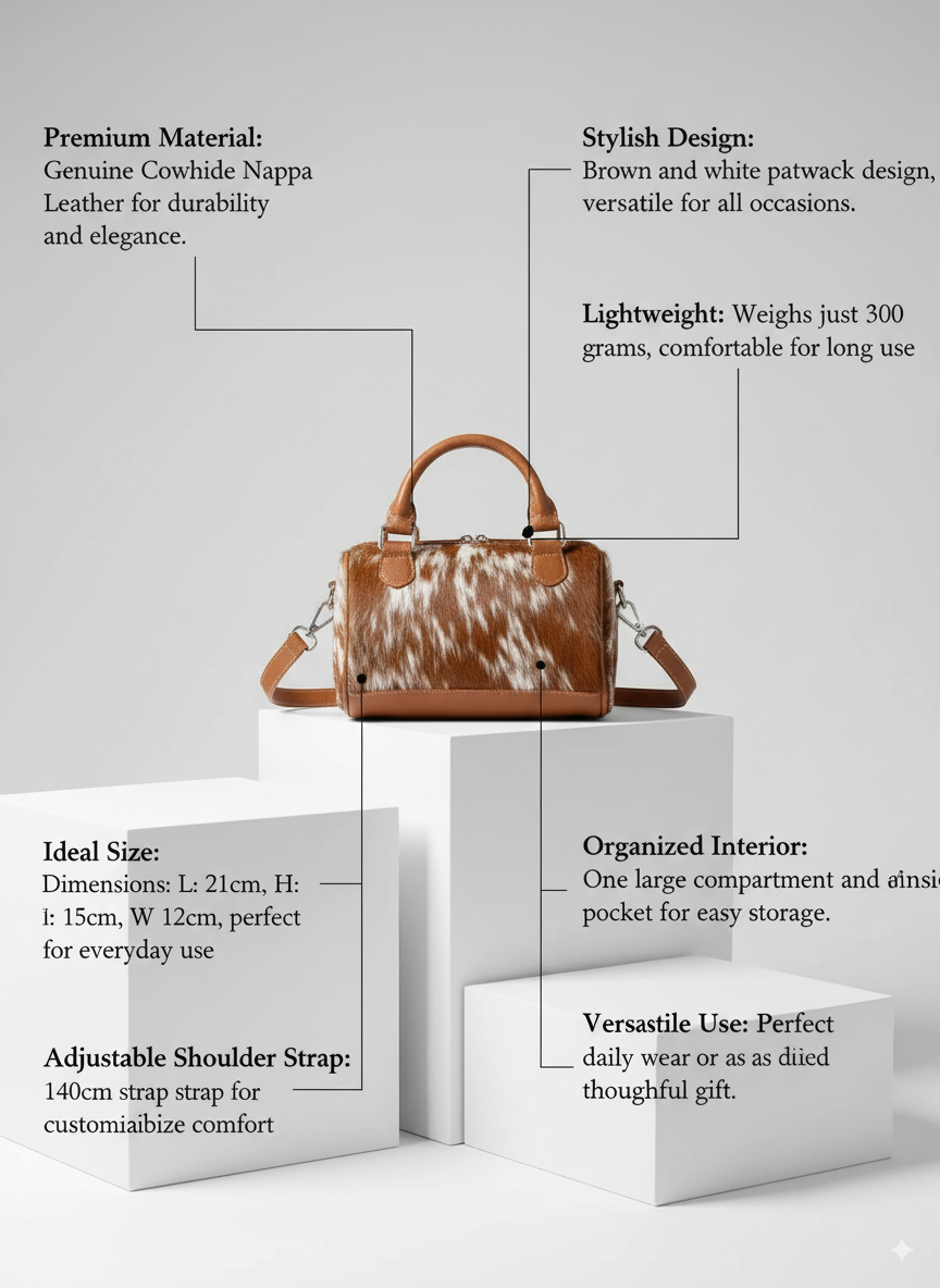Brown and white cowhide leather handbag on a gray background with feature text.