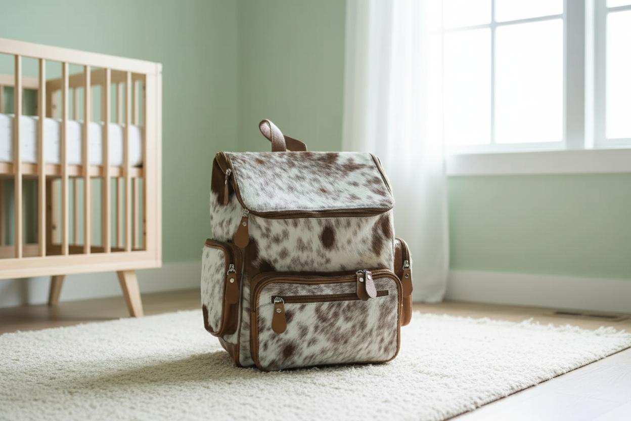 Diaper bag with cow print design in a room with a crib and window.